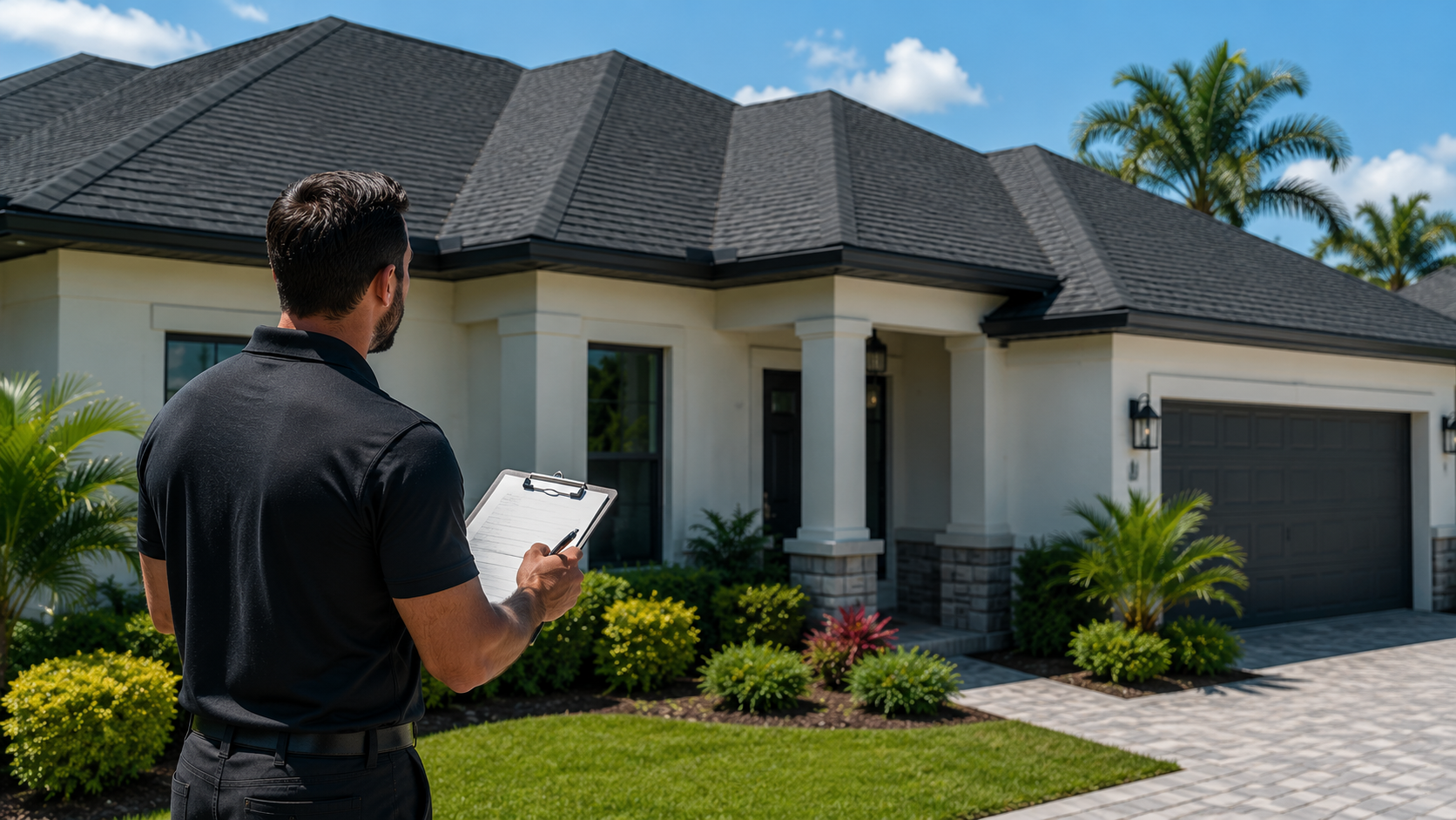 Professional roof inspection at a modern home in Port Orange Florida