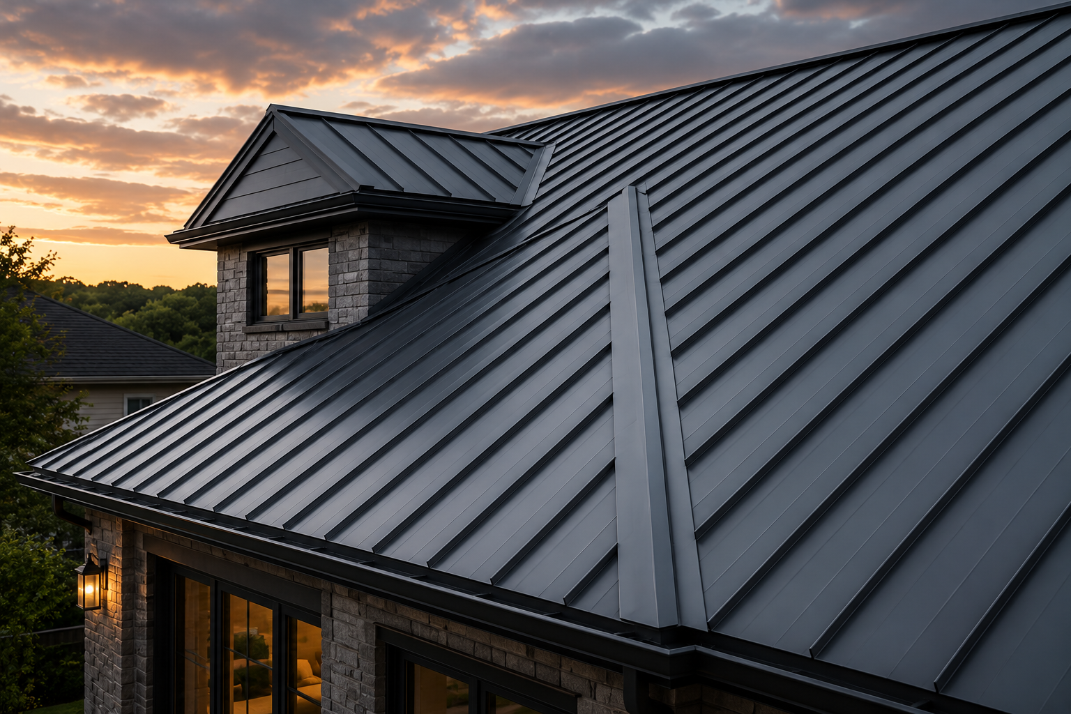 Dark standing seam metal roof upgrade on a modern residential home in Port Orange Florida