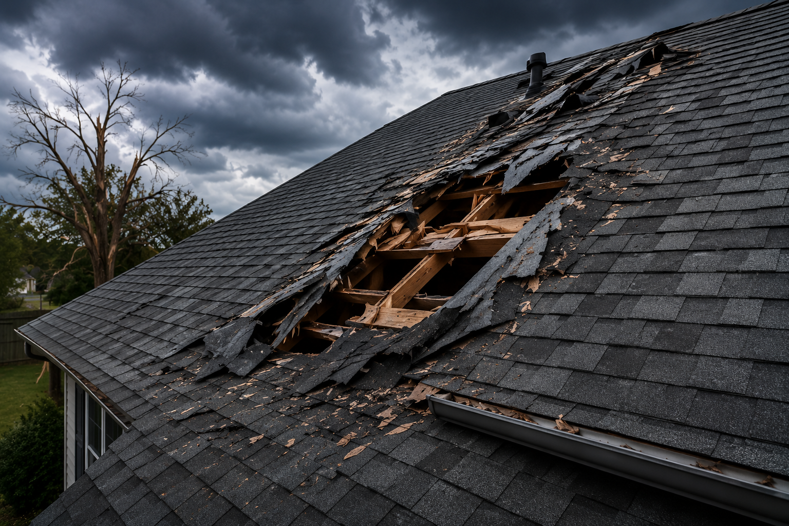 Storm damaged roof with exposed decking before restoration in Port Orange Florida